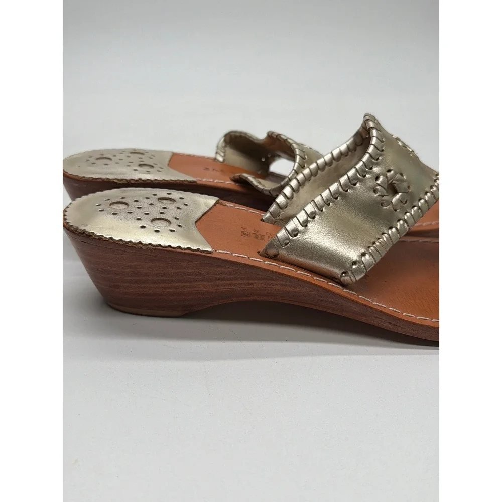 Jack Rogers Hamptons Mid Wedge Gold Leather Thong Sandals Womens 8.5 Metallic